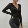 Women Tops V-Neck Long Sleeve Hollow Embroidery Lace Design Pullover Tops Pure Color Slim Fit Mesh Detail Blouse Daily Wear