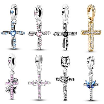 925 Silver Cross Charm Bead with Synthetic Zircon Fit 3mm Bracelet DIY Jewelry Gift for Women Fashion Original Charms