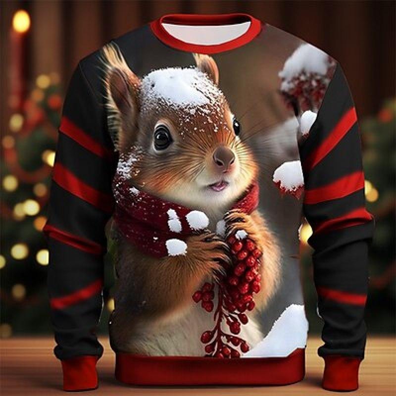Pánská móda Graphic Squirrel Mikina s 3D potiskem Prázdniny Prázdniny Mikiny Černá Červená Dlouhý rukáv Posádka Výstřih Designér