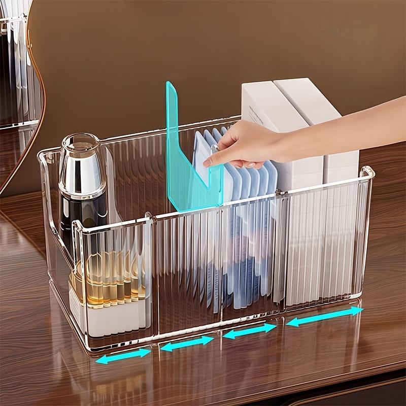 Boîte de rangement transparente de grande capacité à quatre compartiments, Organisateur cosmétique transparent pour coiffeuse avec 3 séparateurs amovibles