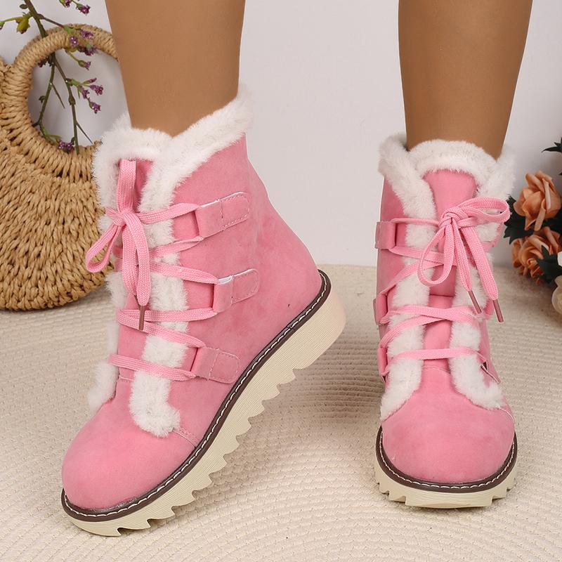 Fur Flats Women Snow Ankle Boots Suede Lace Up Casual Shoes Short Plush Cotton Boots 2025 Trend Winter Warm Non-slip Botas Mujer