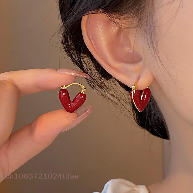 YY30~French Romantic Wine Red Enamel Heart Shaped Pendant Earrings Fashion Jewelry For Women Eardrop Accessories