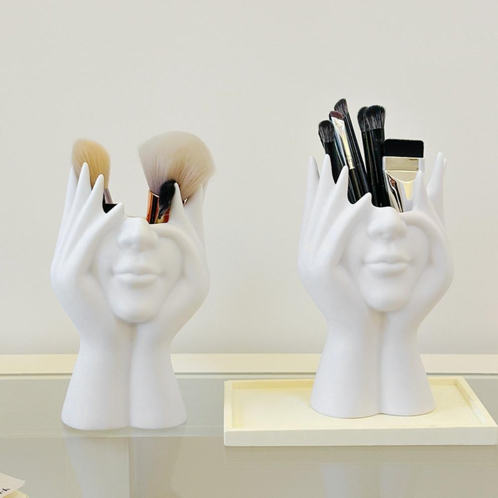2pcs Human Face Art Desktop Decoration Makeup Brush Holder Vase with Makeup Eyebrow Pencils Home Organizer Multifunctional