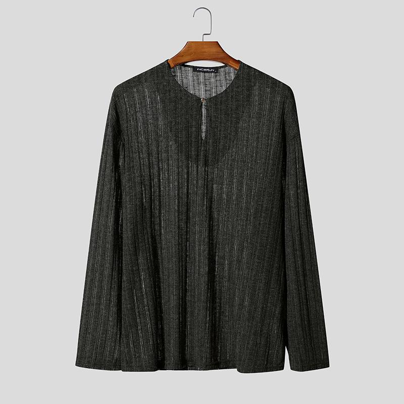 INCERUN Men Crew Neck Long Sleeve Semi-Sheer Thin Casual Tops T-shirts