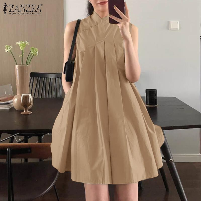 ZANZEA Women Casual Stand Collar Summer Loose Sleeveless Tank Dress