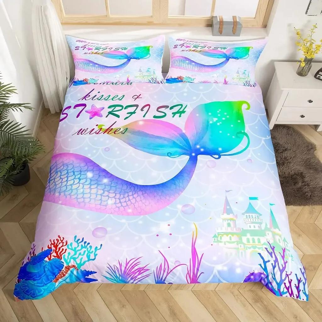 Mermaid Tail Fish Scales Girly Shell Starfish Comfortable Duvet Quilt Cover Pillowcase Bedding Set Children Bedroom Home Textile