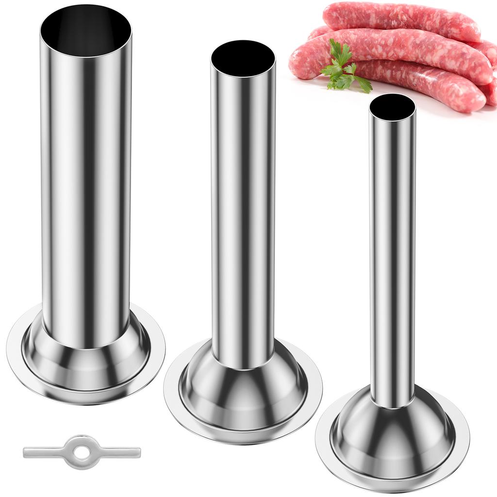 3Pcs Sausage Stuffer Tube Stainless Steel Sausage Filling Funnel with Retainer Ring Homemade Sausage Maker Tube for Meat Grinder