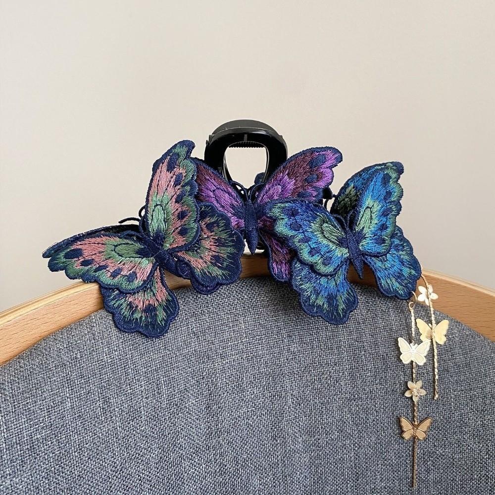Elegant Shark Jaw Clip Chinese Style Handmade Embroidered Butterfly Hair Clip Tassel Design Retro Barrette Headband