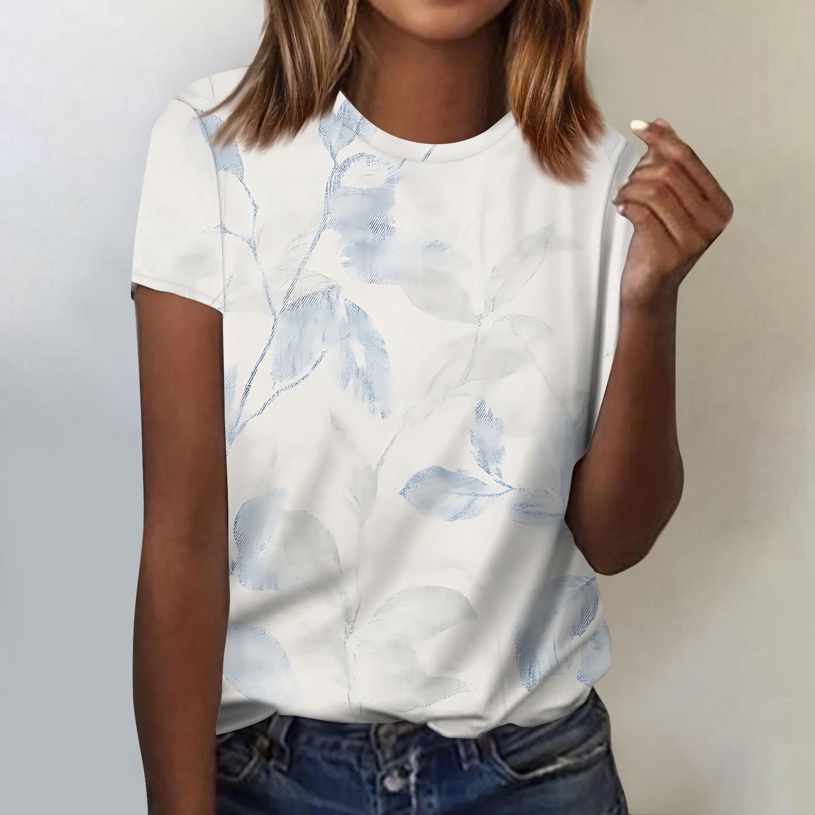 

Women s Fashion Casual Short Sleeve Flower Print Round Neck Pullover Top Blouse XL білий