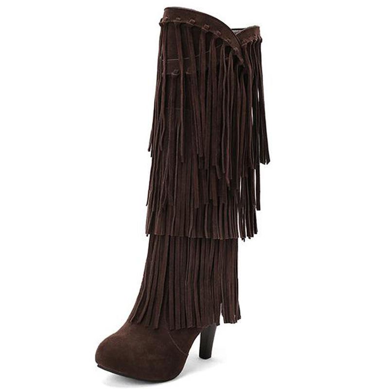 High-Heeled V Mouth Fringed Women's Boots Round Toe 10cm Square Heel High Tube Boots Fashion Sexy Flock Women Shoes Size 34-39