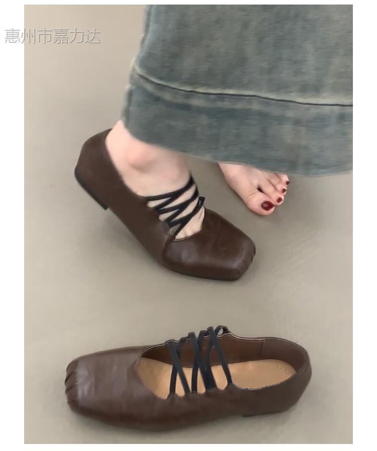 Sheepskin~ French square head cross strap Mary Jane shoes spring and autumn flat-soled single shoes women's shallow mouth soft-soled ballet shoes