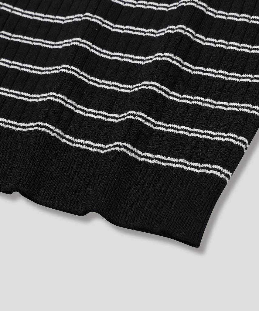 Nodu Block Stripe Round Knit Cardigan [Black]