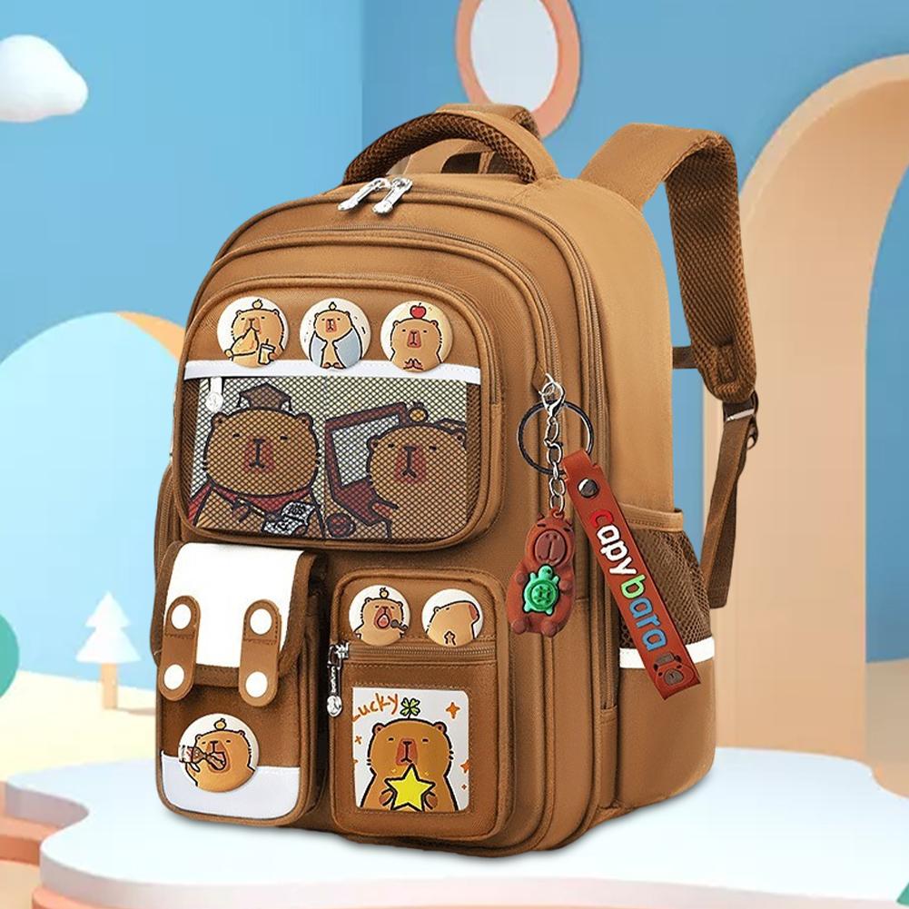 Children Capybara Backpack Protecting Spine Student Schoolbag with Card Badge Doll Waterproof Large Capacity Cartoon Book Bags коричневый