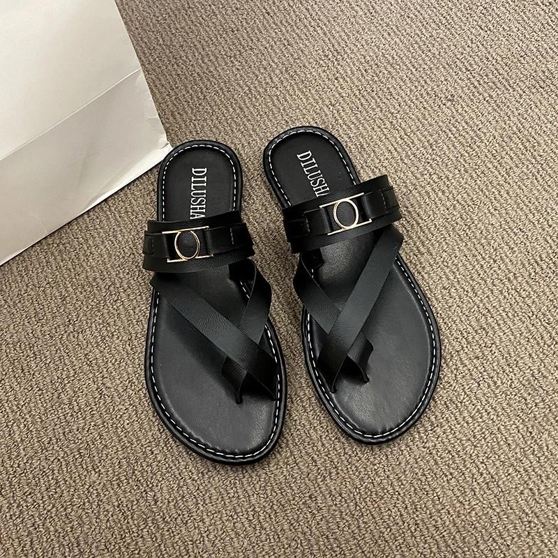 Fashion Summer Soft Sole Rome Shoes Woman Open Toe Outdoor Beach Sandals Solid Color Faux Leather Split Toe Sandals Women's Strappy