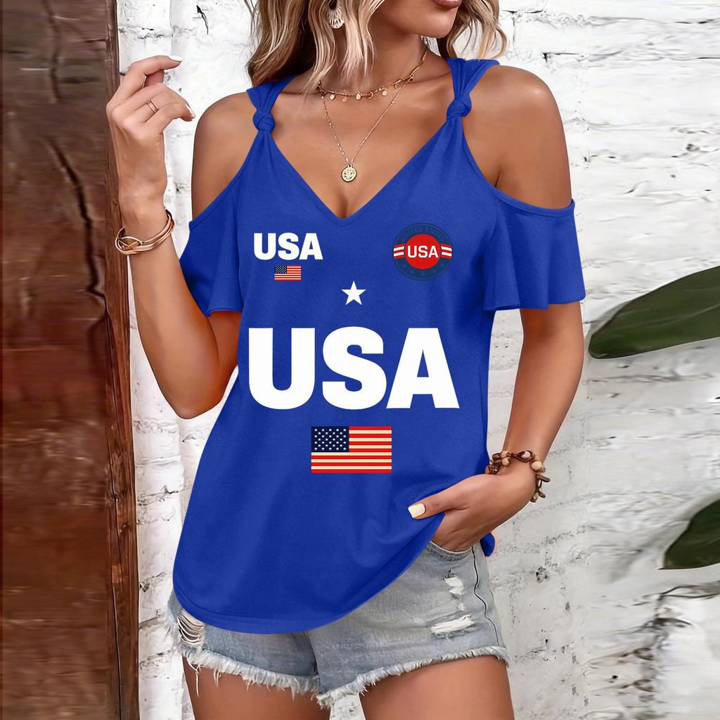 T-shirt Femme Épaules Dégagées Imprimé USA Bretelles à Nouer Manches Courtes Décontracté Haut d'Été Coupe Ample Chemisier Léger pour un Usage Quotidien