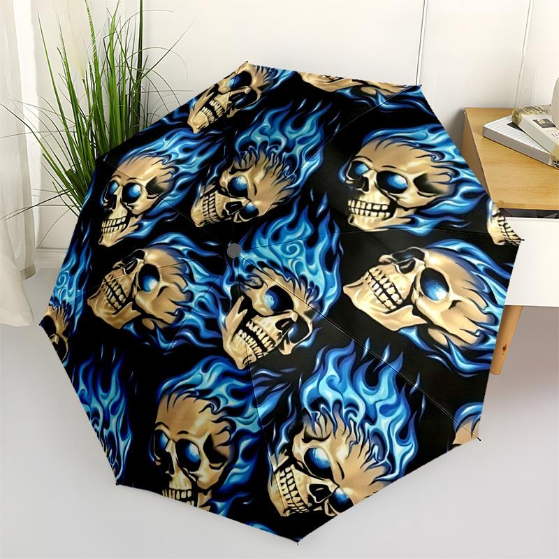 1pc Skulls Flames Automatic Folding Umbrella, Sturdy And Durable Automatic Folding Umbrella with 8 Ribs, Convenient for Outdoor Use063