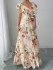 Women Vintage Floral Print Pleated Maxi Dress Ruffle V Neck Self Tie Waist Vacation Long Dress