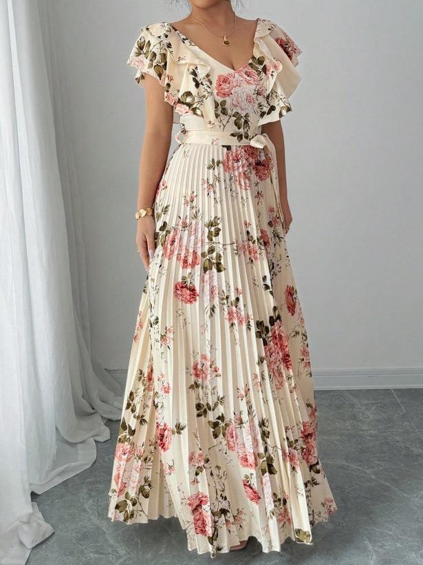Women Vintage Floral Print Pleated Maxi Dress Ruffle V Neck Self Tie Waist Vacation Long Dress