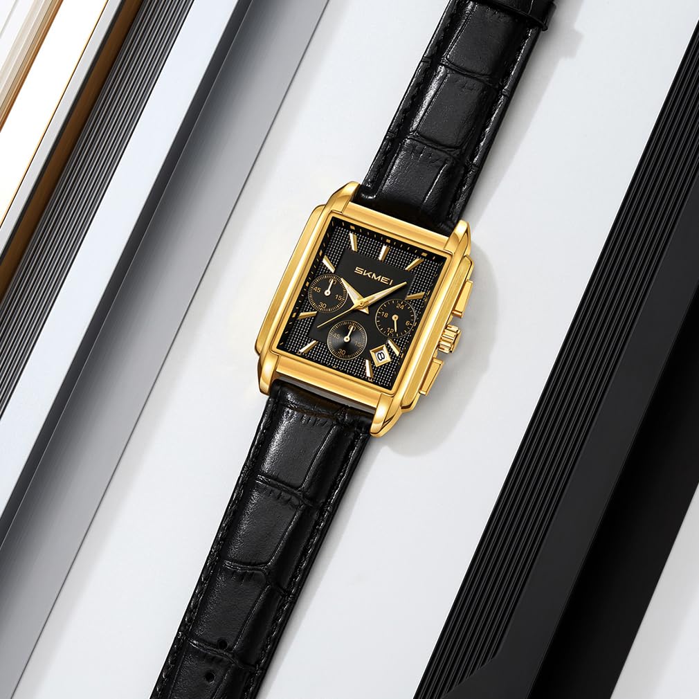SKMEI Quadratische Uhr Schwarzes Lederarmband Stilvolle Armbanduhr Chronograph Wasserdicht Marke Analog Business Casual Uhr Luxus Geschenk Gold Schwarz Uhr für