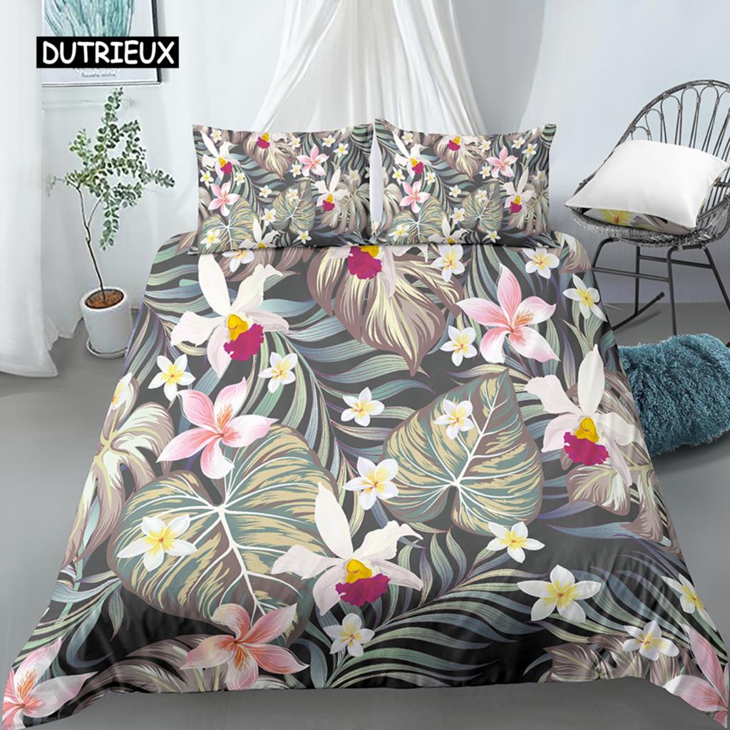 Blätter und Blumen Bettbezug-Set King Size Palmblätter Rosa Blumendruck Steppdeckenbezug für Mädchen Jungen Polyester 2/3-teiliges Bettwäscheset