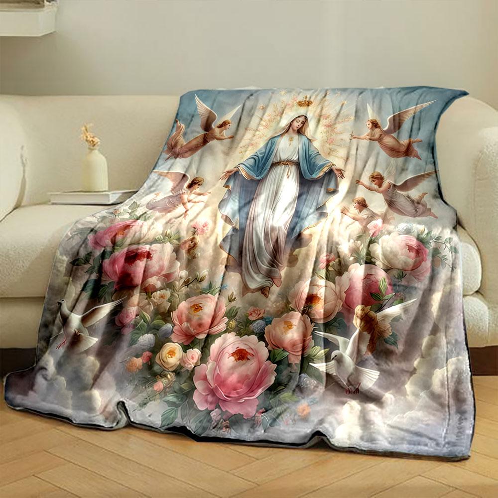 Our Lady Surrounded by Angels and Peonies Cozy Blanket Printed Blanket for Living Room Bed Couch Lunch Break Blanket for Friend's Festival Gift