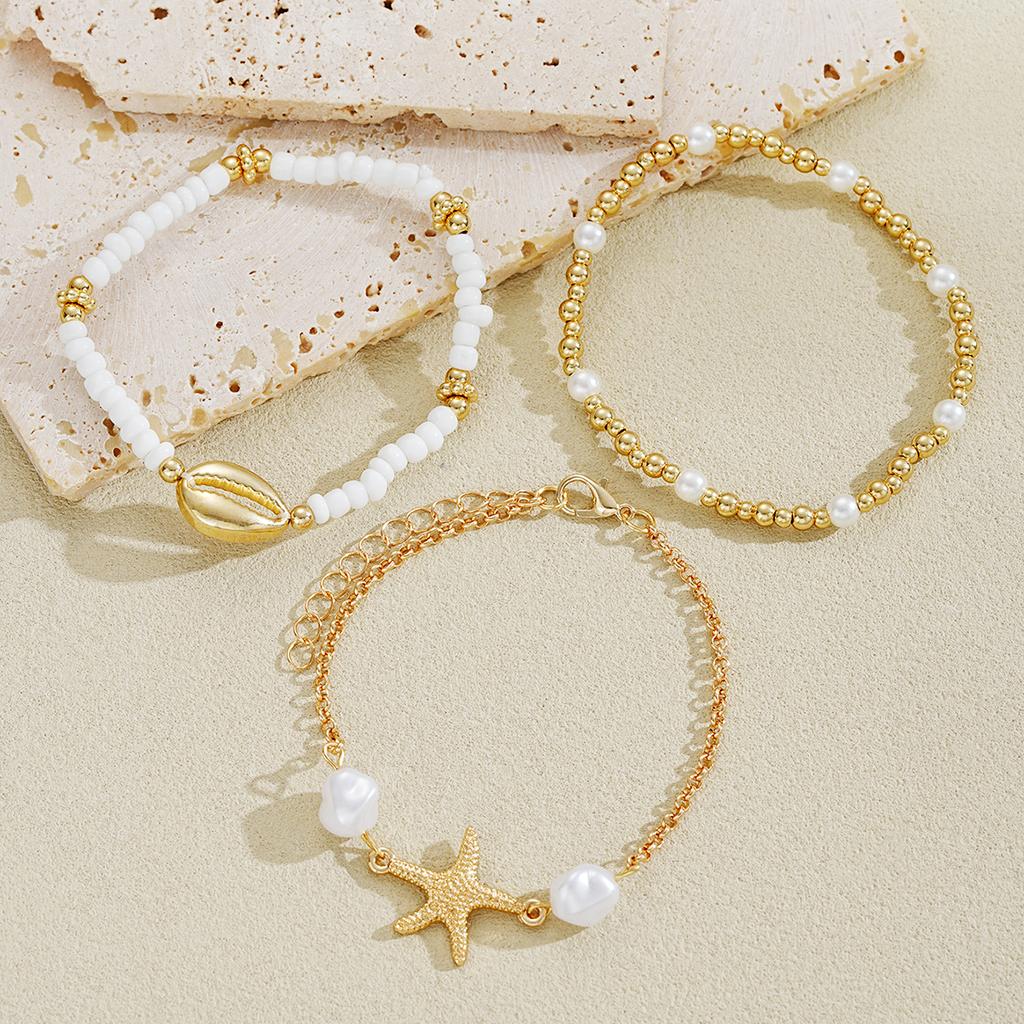 3pcs Fashionable Romantic Beach Women's Starfish Shells, Rice Artificial Pearl Ankle Chains