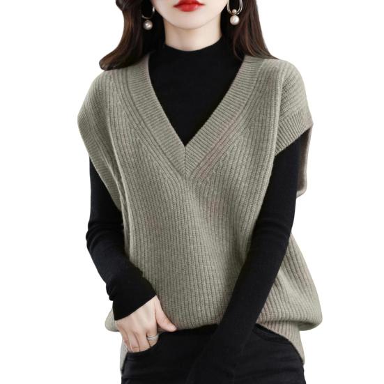 Dámská podzimní zimní vesta s výstřihem do V, volný, bez rukávů, jednobarevná, tlustá pletenina, svetr, elastická, zateplená, svetr