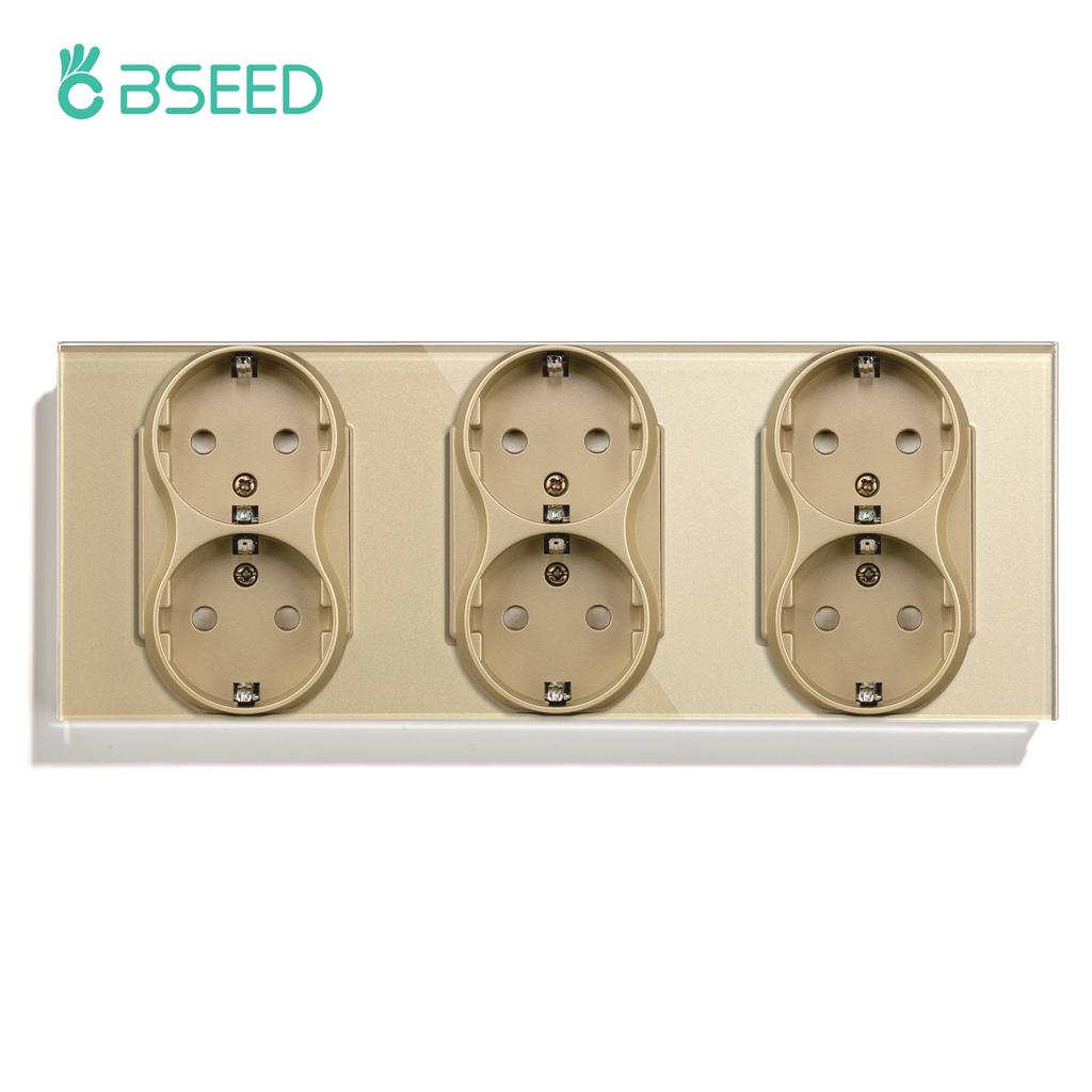 BSEED 1/2/3Gang Touch Light Switches 1Way With Dual Wall Sockets EU Standard Blue Backlight Glass Panel Gold