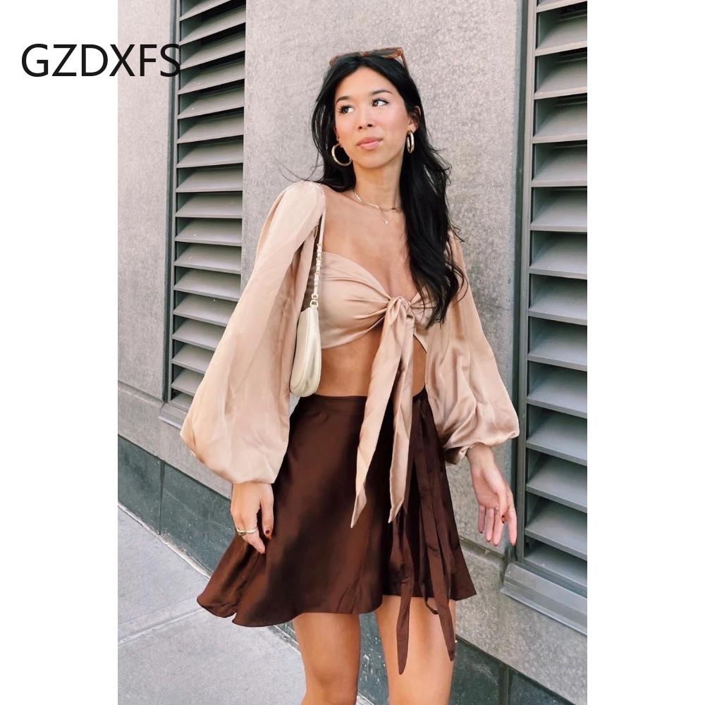 Falda de Color Sólido Cintura Alta Moda Una Pieza Falda Corta con Cordones Falda Cruzada de SATÉN de Gasa