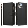For iPhone 15 Leather Case 9 Card Slots Zipper Wallet Stand Phone Cover with Wrist Strap