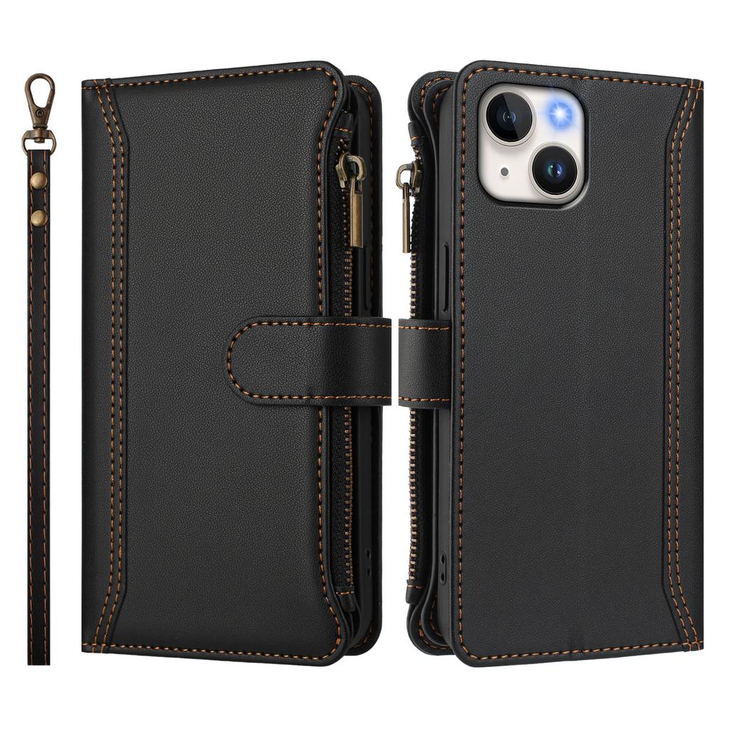 For iPhone 15 Leather Case 9 Card Slots Zipper Wallet Stand Phone Cover with Wrist Strap