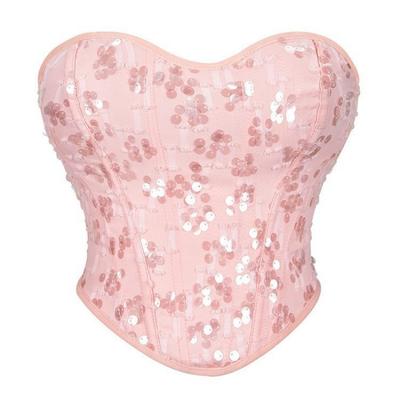 Pink Sequin Strapless Corset Top Heart Neckline Boned Bustier for Women