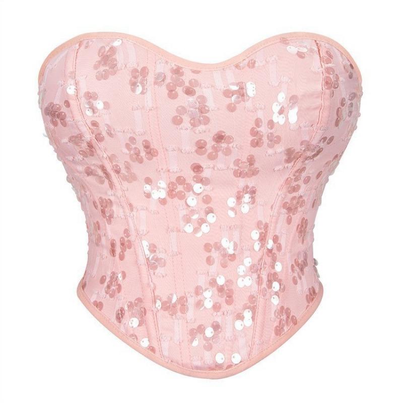 

Pink Sequin Strapless Corset Top Heart Neckline Boned Bustier for Women S рожевий