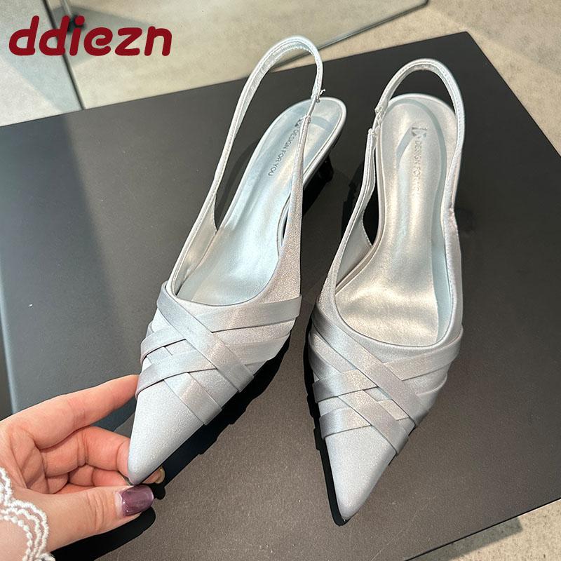 Fashion Silk Fashion Shallow Women Low Heel Pumps Shoes New In Spring Summer Female Slingbacks Footwear Slip On Ladies Thin Heels Shoes