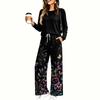 Women's Casual Printed Long Sleeve Round Neck Loose Fit Pajama Set with Pockets for Home Wear
