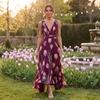 Women’s V Neck Sleeveless Floral Print Evening Dress with Waist and Zipper Closure for Formal Occasions