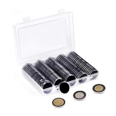 100 Stuks Muntcapsule Hoesje en Verstelbaar (17/20/25/27/30mm) Beschermende Zwarte Pakking Munt Houder met Plastic Opberg Organizer Doos