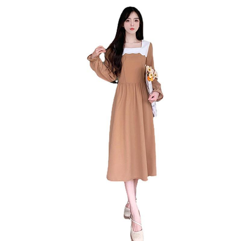 Women's 2024 Spring/Autumn French Style Square Collar Splicing Tea-Length Dress