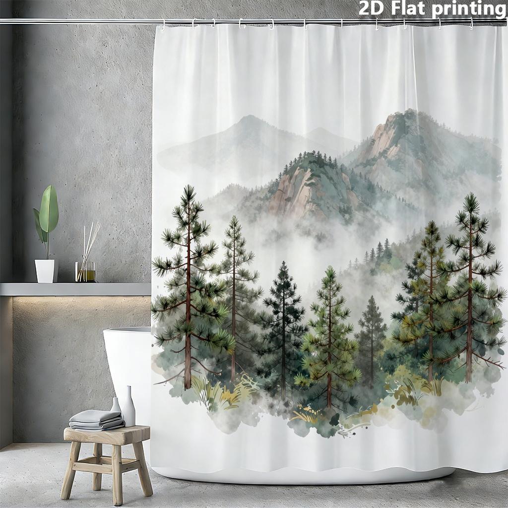 

Watercolor Mountain Pine Shower Curtain 1Pc Polyester 2D Flat Print 70.8X70.8 Misty Peaks & Evergreens On Soft Gray-White Base W60H190(CM)-1 Pcs