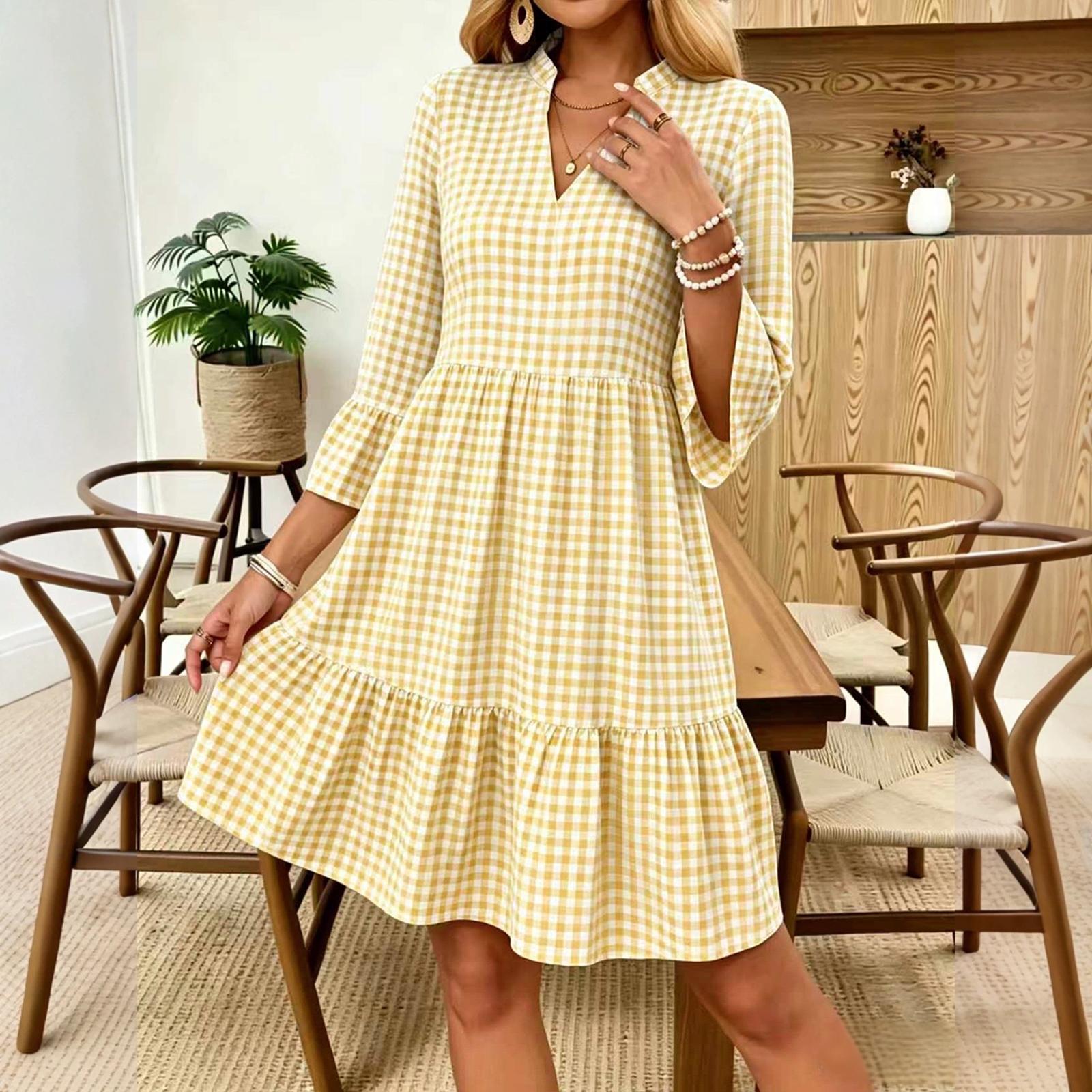 

Women s V Neck Plaid Flared Sleeve Loose Fit Pullover Bohemian Vacation Dress Mid Length Casual Summer Dress L