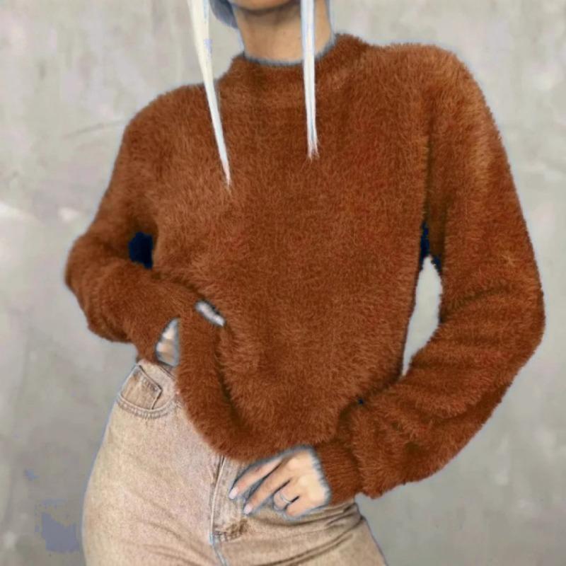 Autumn and winter new lazy wind round neck imitation mink long-sleeved pullover sweater women's loose thickened solid color soft waxy knitted sweater