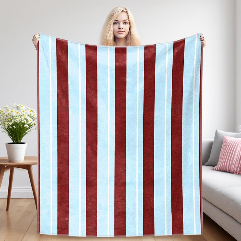 Wine Blue Stripes Printed Blanket Suitable For Sofa Beds, Offices, Travel Camping Chairs, Warm Woolen Blankets