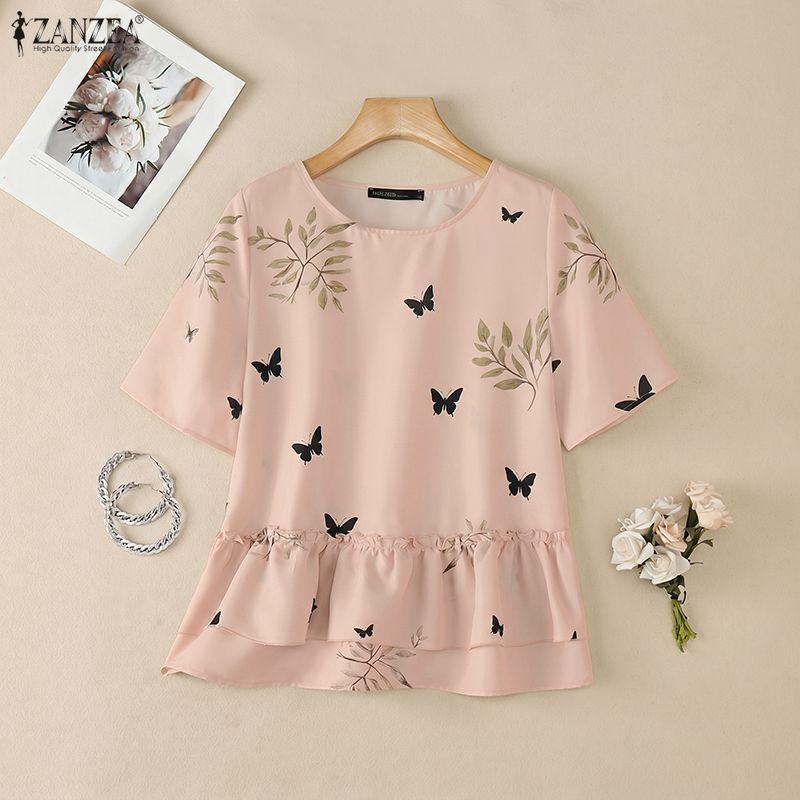 ZANZEA Women Casual Round Neck Loose Short Sleeve Print Blouse