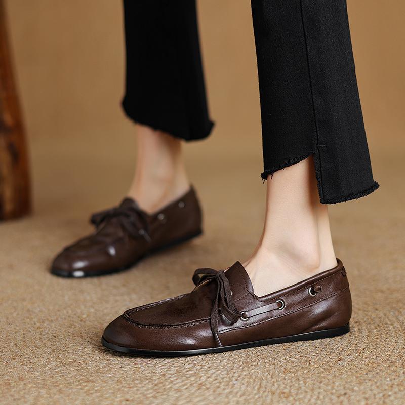 Fashion Cow Leather Round Toe Women Flat Shoes Casual Loafers Women Shoes Without Heel 2025 New Spring Autumn Mules Woman Simple Shoes