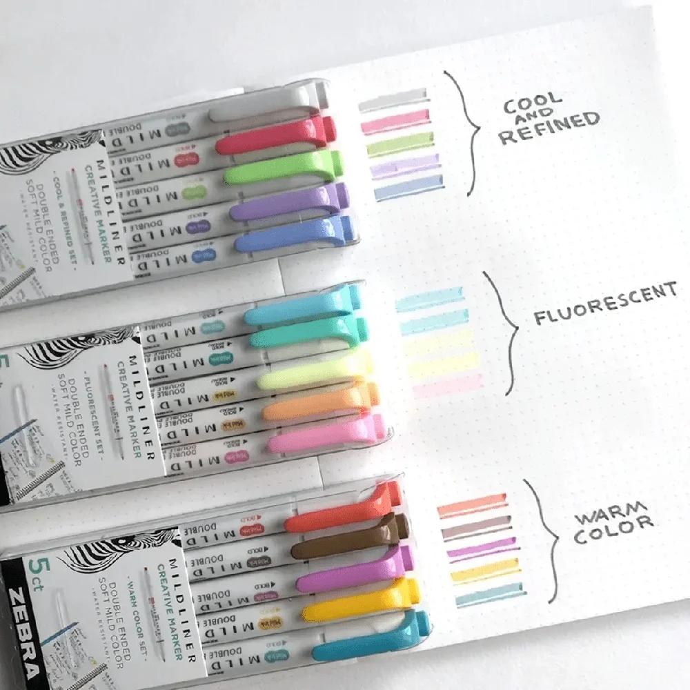 Double Ended Highlighter Mildliner 5 Count Fluorescent Colors Water Resistant Chisel Fine Point Non Toxic Assorted Storage Case