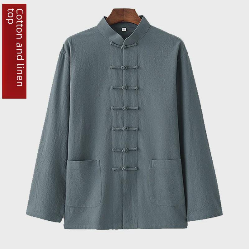 Men's Chinese-Style Tang Suit Cotton-Linen Top: Long-Sleeve Hanfu Shirt for Youth, Middle-Aged, and Elderly - Spring/Autumn Traditional Jacket