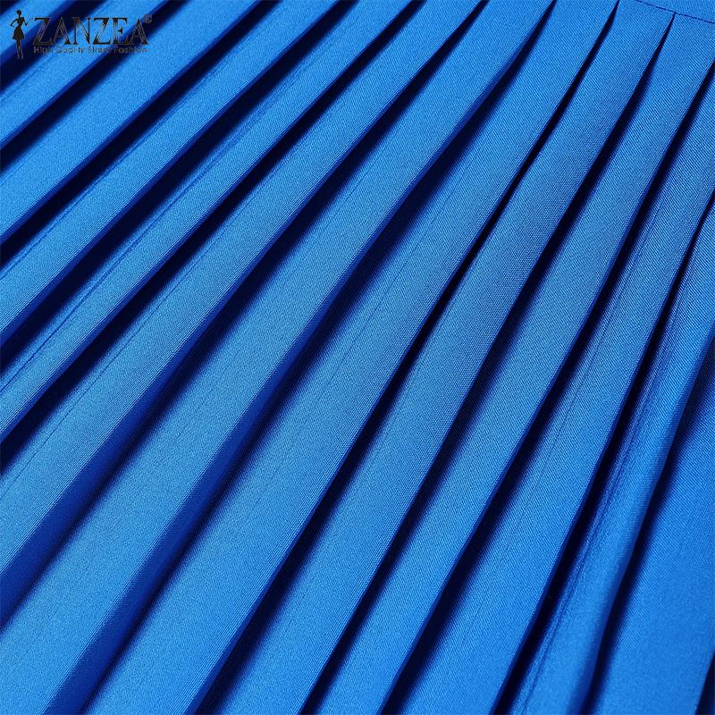 ZANZEA Vestido Casual de Verano para Mujer de Cuello Redondo y Manga Corta con Pliegues de Color Sólido