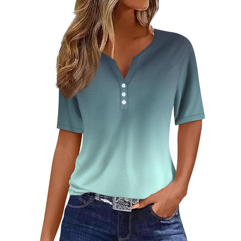 Women Clothing T-Shirt V-Neck 3 D Print Short Sleeve European Style L