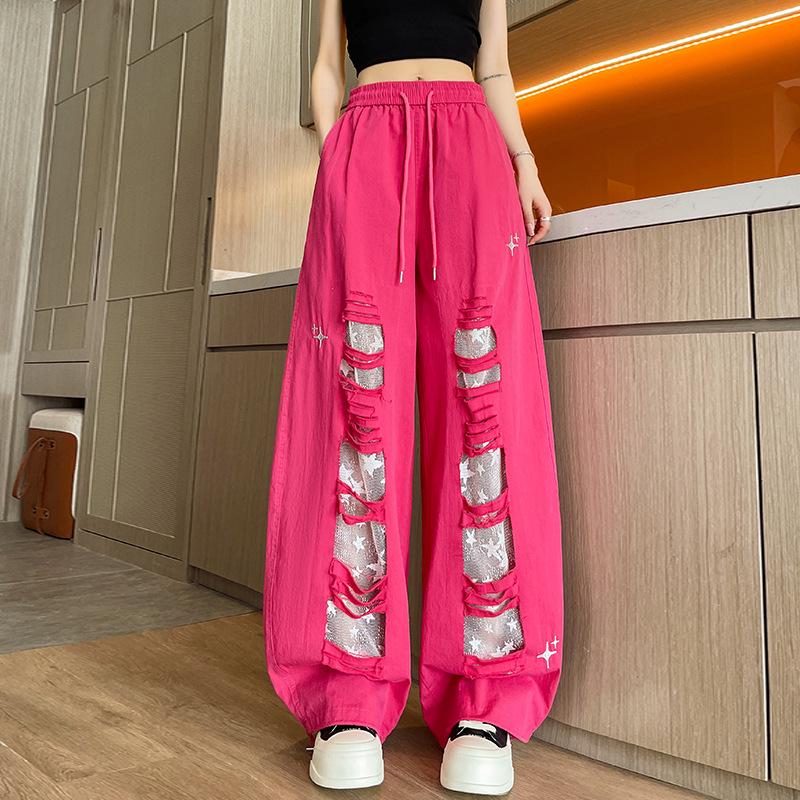 

American Style Patchwork Cotton Lace Ripped Slimming Casual Pants S рожевий червоний колір