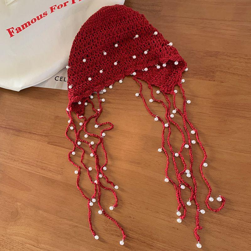 Women's Summer Hollow-out Pearl Tassel Pendant Head Wrap Hat Ethnic Style Knit Slouchy Hat Retro Face Slimming Cap
